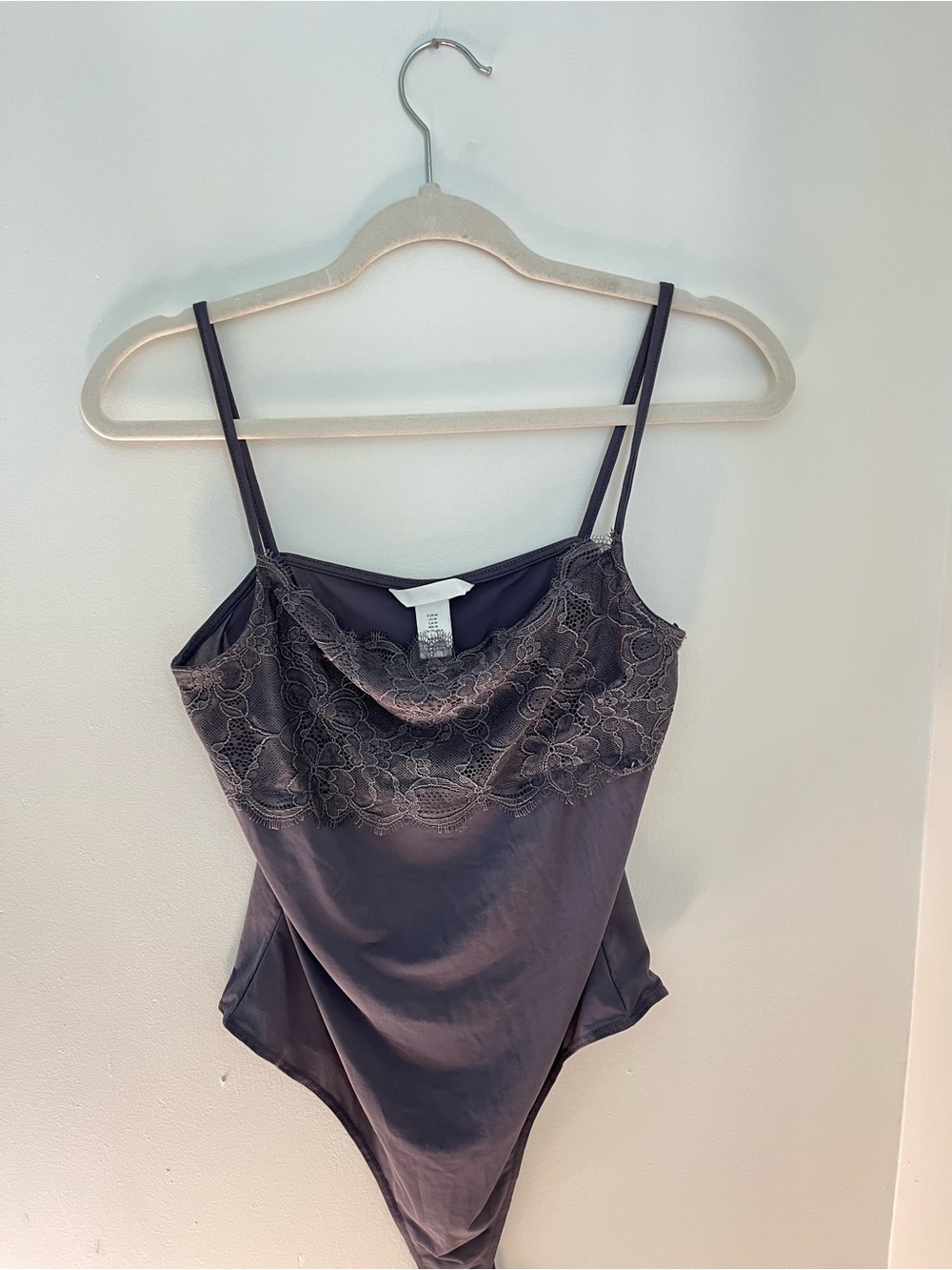 H&M Lace-Trim Satin Bodysuit - Deep Plum